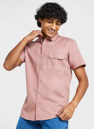 Cotton-Elastane Casual Single Pocket Shirt 