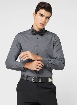 Men Easy Care Charcoal Grey Self Design Smart Sustainable Formal Shirt