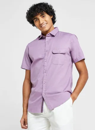 Cotton-Elastane Casual Single Pocket Shirt 