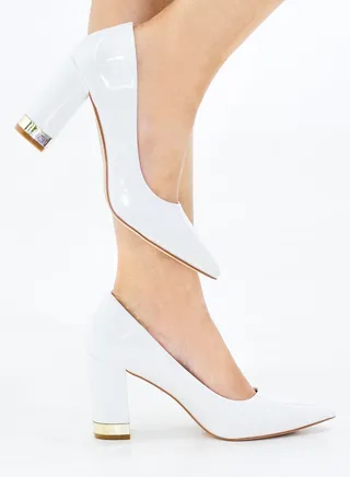 Himani pat court shoe block gold trim heel white 