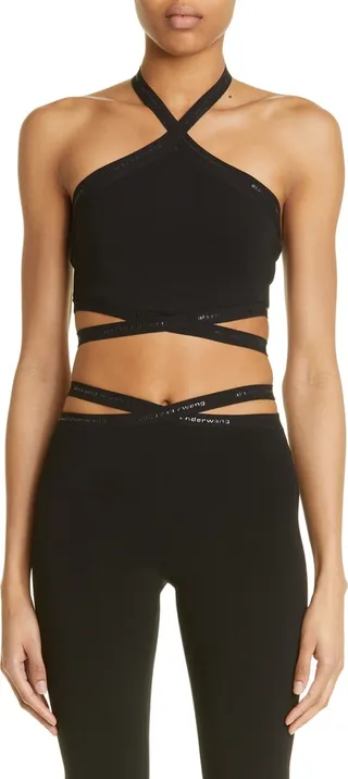 Crisscross Logo Tape Cutout Crop Halter Top