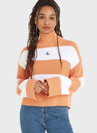 High Neck Striped Sweater