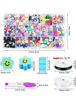 300 Piece Diy Clay Beads Set 15 Polymer Smile Beads Cartoon Fruit Flower Theme Band 2 Rolls Elastic Strings and Scissors for Diy Jewelry Making Bracelets Earrings Necklace 