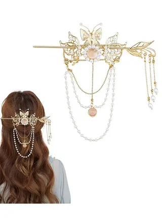 Butterfly Tassel Chinese Hair Sticks, Gold Hanfu Pins Pearl Flower Hair Pins Vintage Classical Sticks, Long Tassel Chinese Hair Jewelry Accessories 