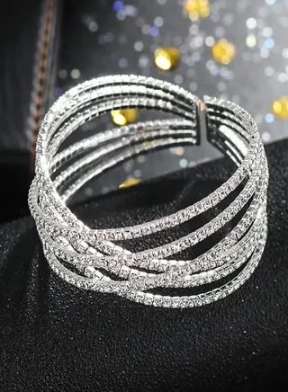 MultiLayer Crystal Rhinestone Cuff Bracelet For Women Girls Silver Strand Layered Bridal Bracelet Jewelry for Prom Party Wedding Dating 