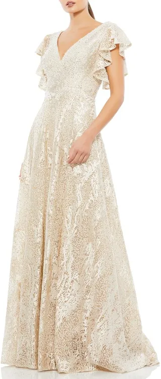Embellished Flutter Sleeve Lace A-Line Gown