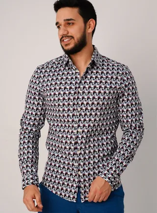 Men’s Bright White And Blue Printed Shirt in Bright White 