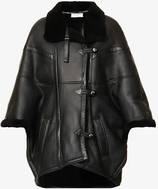 Womens Noir Contrast-collar Dipped-hem Leather Cape