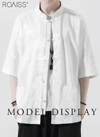 Men's Chinese Style Standing Collar Button Dragon Texture Shirt Casual Fashion Satin Short Sleeved Cardigan Everyday Versatile Practical Pocket Top 