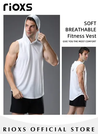 Men's Workout Muscle Shirts Sports Training Sleeveless Gym Shirts Fitness Bodybuilding Hooded Tank Tops 