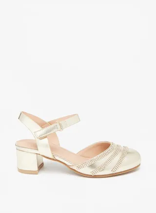 Girl's Stone Embellished Block Heel Shoe With Hook And Loop Closure 