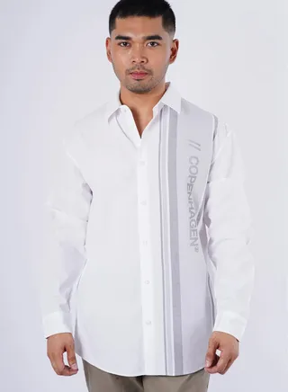 Men’s Contrast Stripes Printed Loose Fit Shirt in Bright White 