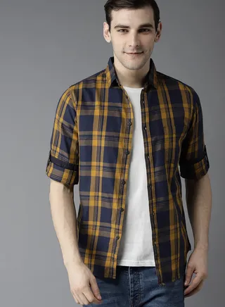 Men's Cotton Checkered Slim Fit Casual Shirt with Pocket, Full Sleeve Shirt for Formal & Casual Wear