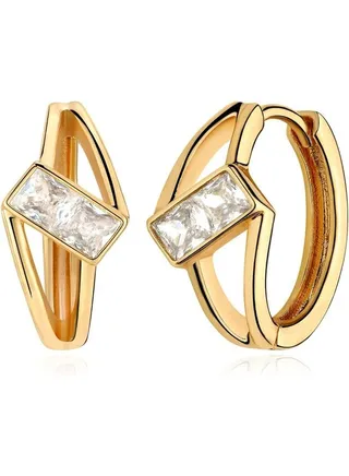 MEVECCO
 Women Diamond Earrings Gold Huggie Cage Hoop Baguette Cubic Zirconia 14K Gold Filled Small Simple Handmade Hypoallergenic Everyday Jewelry 