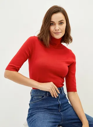 Turtleneck Straight Short Sleeve Knitwear Sweater 