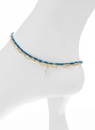 Delicate chain and thread anklet decorated with dangling crystals 