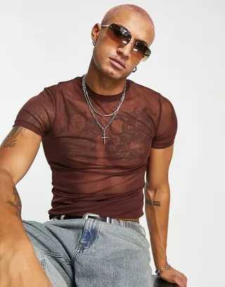 ASOS DESIGN skinny t-shirt in brown mesh