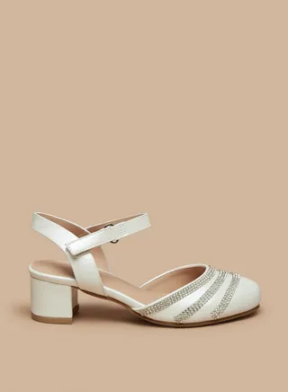 Girl's Stone Embellished Block Heel Shoe With Hook And Loop Closure 