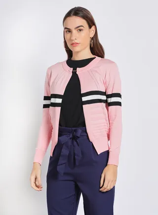 Special Button Detail Color Block Sweater Pink 