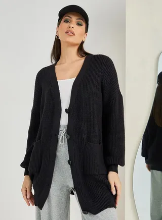 Longline Chunky Knit Oversized Cardigan with Buttons 