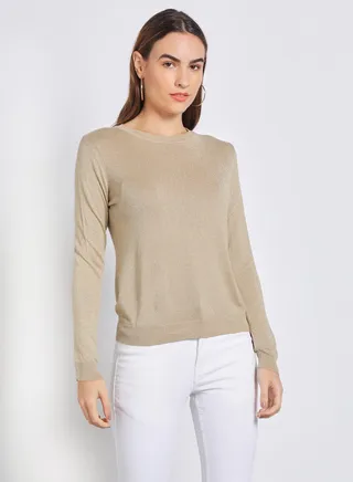 Women Round Neck Long Sleeve Cardigan Beige 