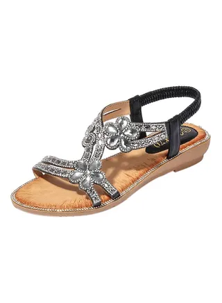 Bohemia Rhinestone Elastic Band Sandals Black 