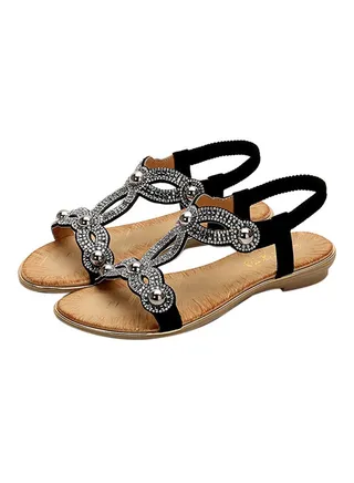 Bohemian Crystal Bling Elastic Band Sandals Black 