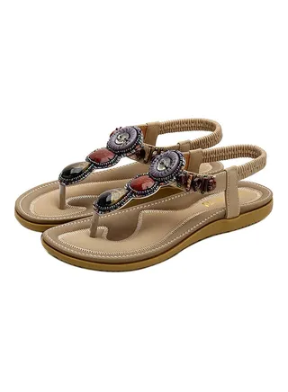 T-strap Crystal Elastic Band Sandals Beige 