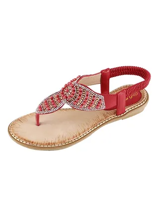 Bohemian T-strap Elastic Band Sandals Red 