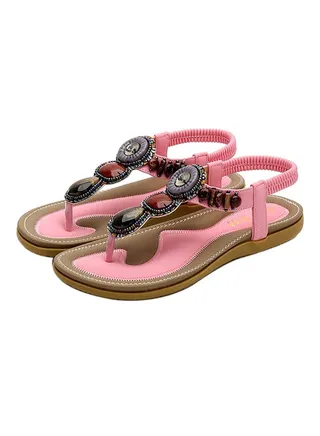 T-strap Crystal Elastic Band Sandals Pink 