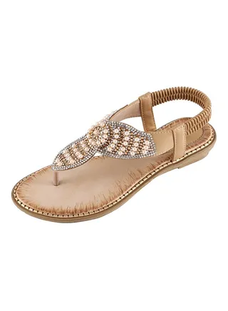 Bohemian T-strap Elastic Band Sandals Beige 