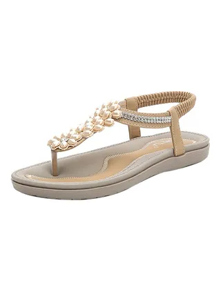 T-strap Elastic Band Sandals Beige 
