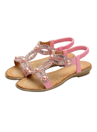 Bohemian Crystal Bling Elastic Band Sandals Pink 