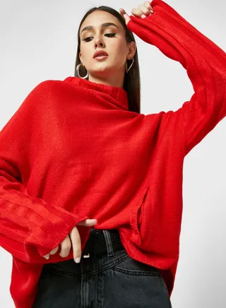 High Neck Sweater With Pleated Sleeves