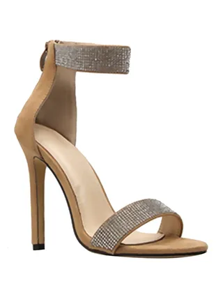 Rhinestone Studded Stiletto Dress Sandals Beige 