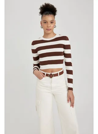 Woman Slim Fit Crew Neck Long Sleeve Tricot Pullover 
