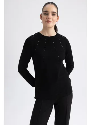 Woman Relax Fit Crew Neck Long Sleeve Tricot Pullover 