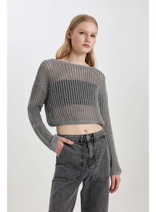 Woman Relax Fit Boat Neck Long Sleeve Tricot Pullover 