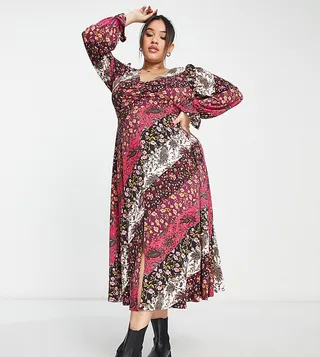 Simply Be ruched front mixed print midi dress in pink