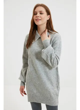 Baby Gray Baby Collar with Pearls Soft Knitwear Sweater TCTAW22AK0238 