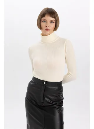 Woman Fitted Turtle Neck Long Sleeve Tricot Pullover 