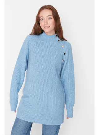 Light Blue Stand-Up Collar Knitwear Sweater with Buttons TCTAW23AK00011 