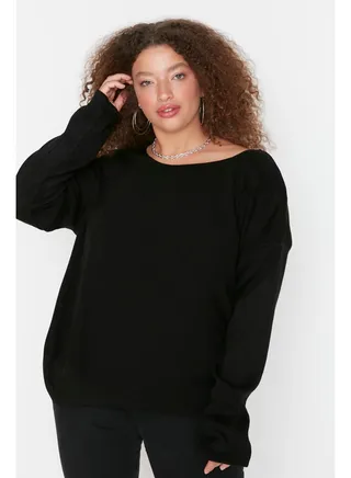 Black Cross-Tape Detail Knitwear Sweater at the Back. 