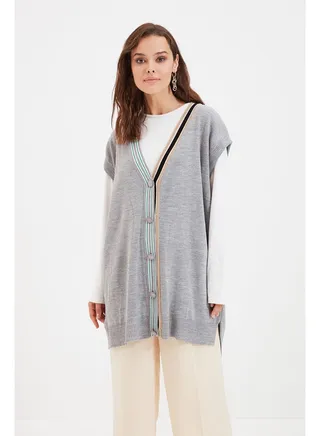 Gray Collar with Stripe Detailed Knitwear Sweater TCTAW22UV0002 
