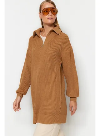 Camel Zipper Detailed Knitwear Sweater TCTAW24AK00137 