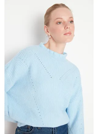 Light Blue Soft Textured Openwork/Perforated Knitwear Sweater TWOAW20KZ0038 