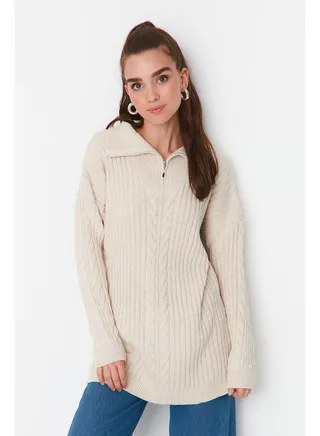 Ecru Thessaloniki Braided Zippered Knitwear Sweater TCTAW23AK00017 