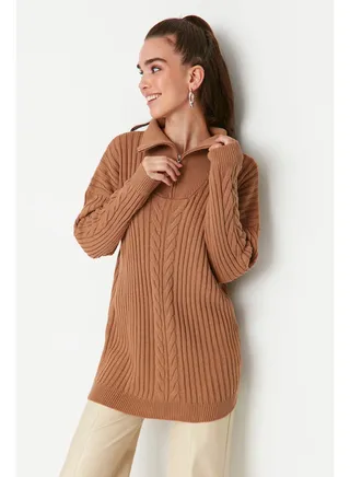 Camel Thessaloniki Braided Zippered Knitwear Sweater TCTAW23AK00017 