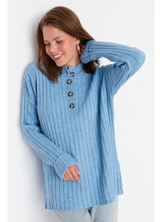 Blue Buttoned Corduroy Knitwear Sweater TCTAW23AK00035 