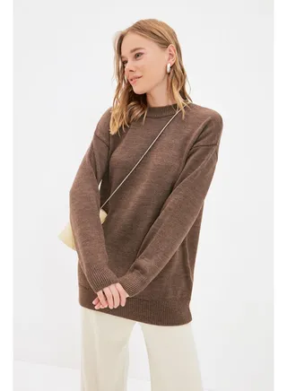 Brown Stand-Up Collar Knitwear Sweater TCTAW22AK0045 